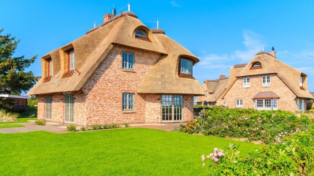 Authentieke woningen met een rieten lessenaarsdak.