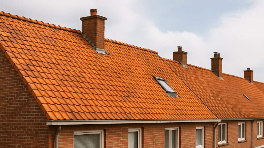 Belgische rijwoningen met een hellend dak bedekt met oranje tegelpannen, inclusief schoorsteen en dakraam, tegen een licht bewolkte hemel.