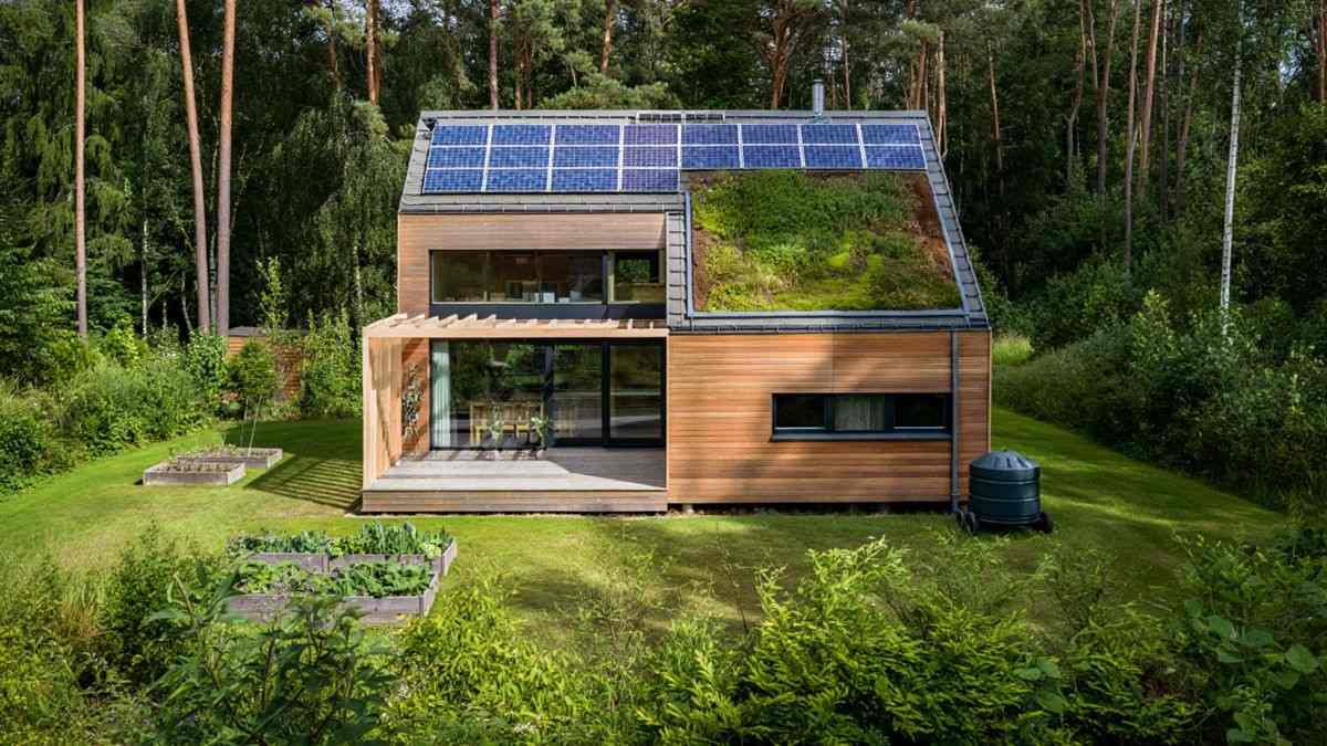 Moderne houten woning met een groendak begroeid met planten en zonnepanelen op het hellende dak in een groene tuin