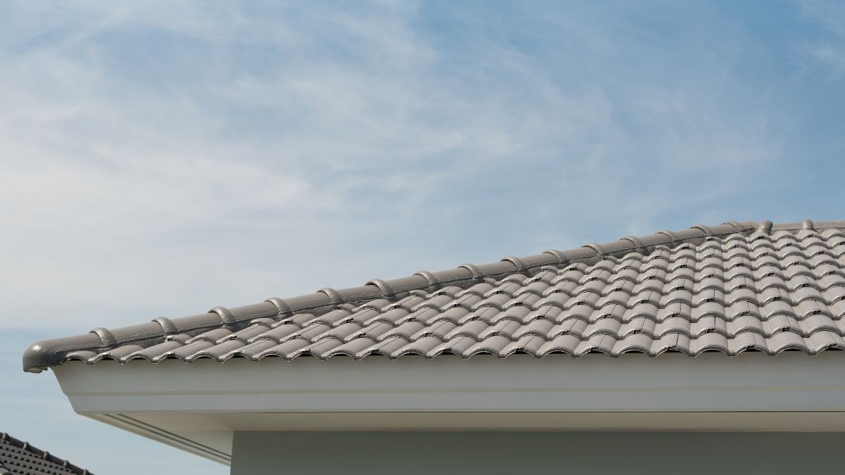 Moderne woning met grijze dakpannen op een hellend dak en een witte dakgoot, een voorbeeld van de prijs van dakpannen