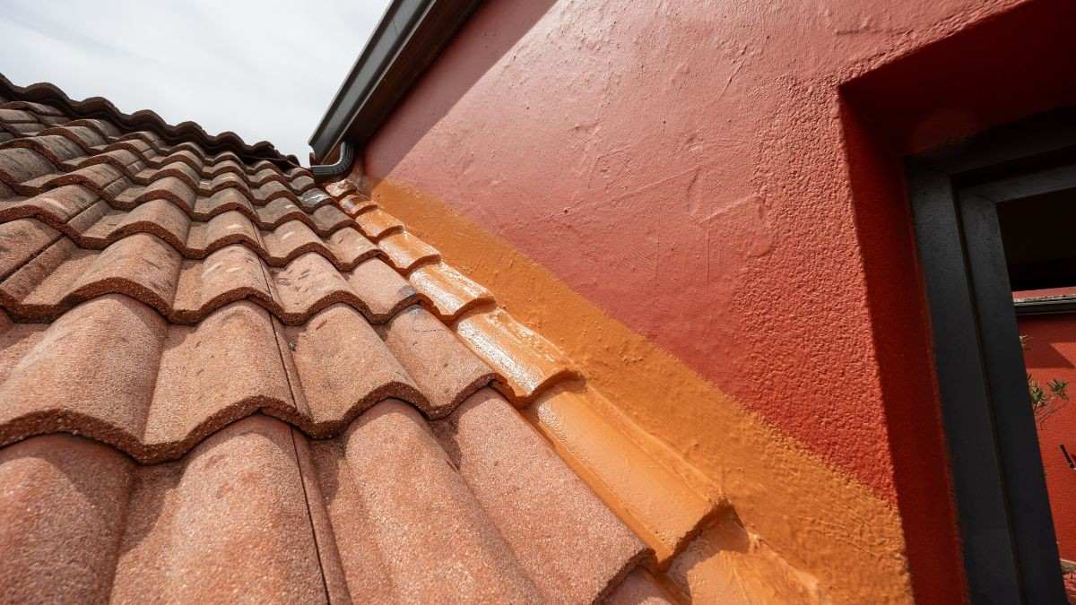 Close-up van betonnen dakpannen met een vers aangebrachte terracotta coating langs de gevelrand van een woning