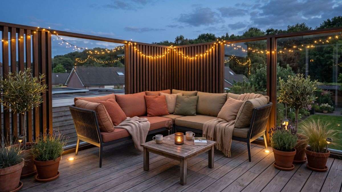 Sfeervol dakterras aanleggen met een loungebank, warme kussens en lichtjes achter een houten windscherm