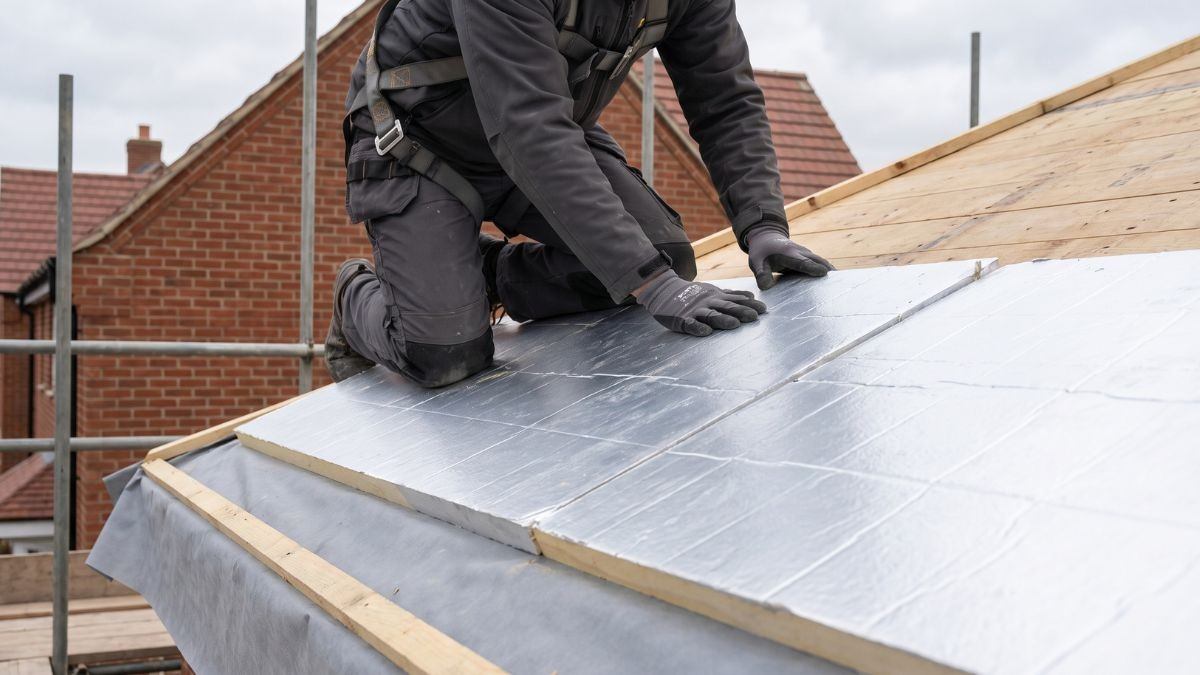 Dakwerker met valbeveiliging legt met aluminium gecacheerde PIR-platen op het houten dakbeschot van een sarkingdak