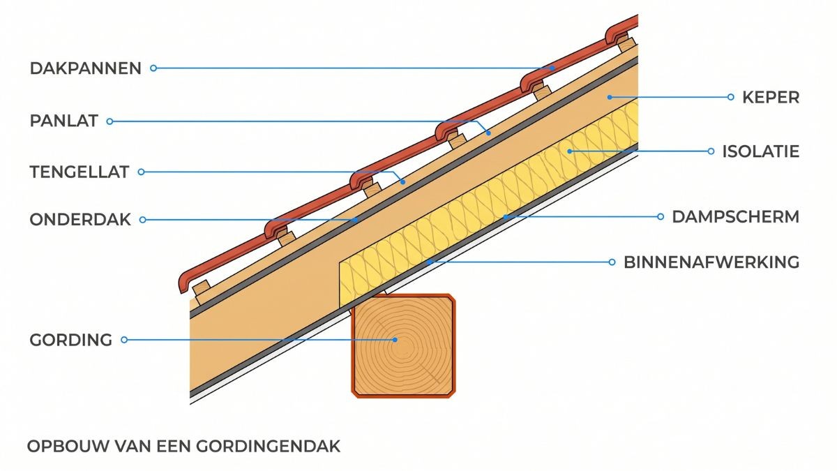 Doorsnede van een gordingendak met gording, keper, isolatie, dampscherm, onderdak, tengellat, panlat en rode dakpannen
