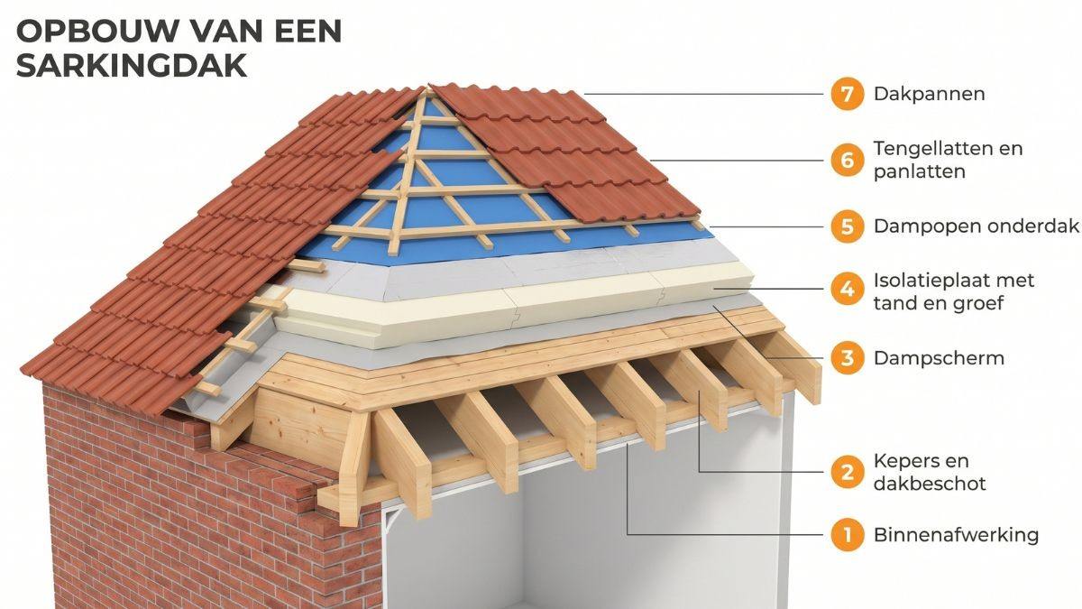 Doorsnede van een sarkingdak met binnenafwerking, kepers, dampscherm, isolatieplaat, onderdak, latten en dakpannen
