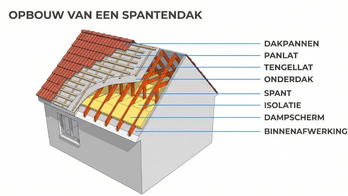 Houten spantbenen van een spantendak in opbouw, op regelmatige afstand van elkaar geplaatst op de muurplaat van de woning.