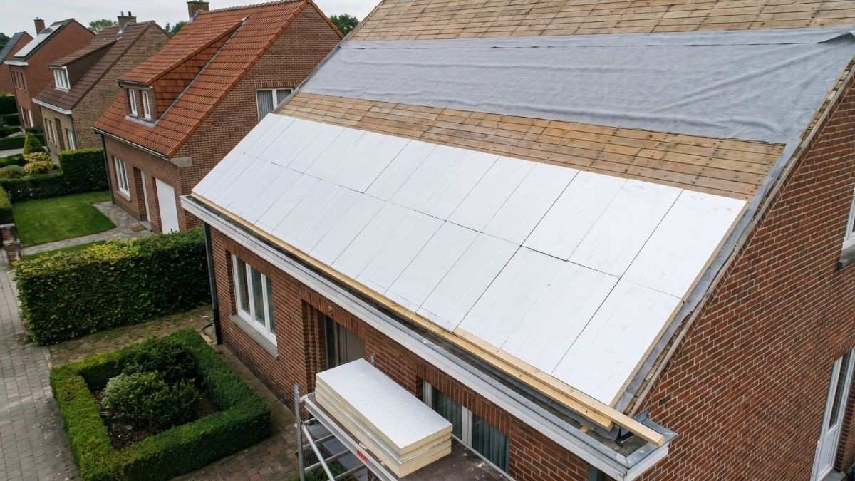 Isolatieplaten op het houten dakbeschot van een hellend dak bij een sarkingrenovatie, met onderdakfolie bovenaan het dak