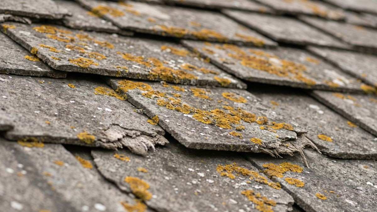 Verweerde kunstleien met korstmos en afgebrokkelde randen waar vezelbundels zichtbaar worden, een teken van slijtage