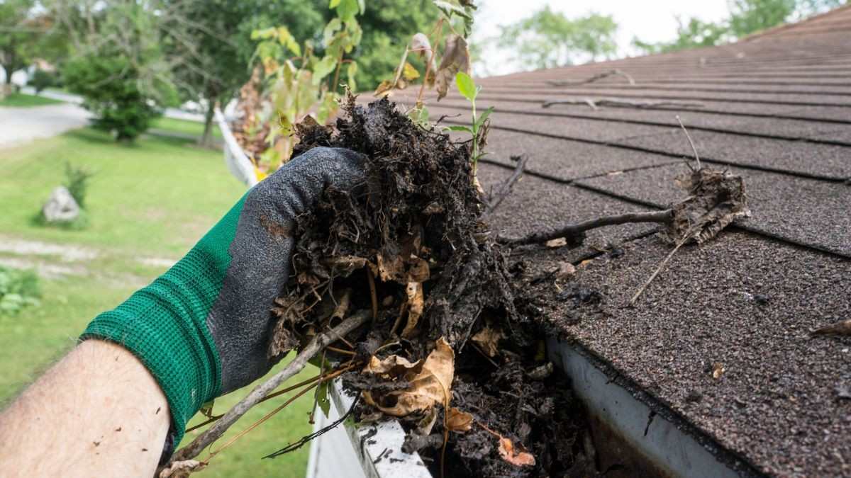 Vakman met werkhandschoen haalt natte bladeren en vuil uit een verstopte dakgoot op het hellende dak van een woning