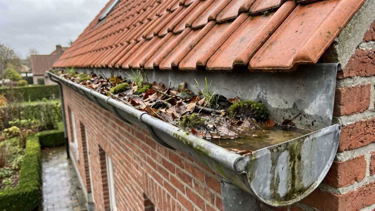 Zinken goot vol bladeren, mos en stilstaand water voor het dakgoot reinigen bij een woning met rode dakpannen